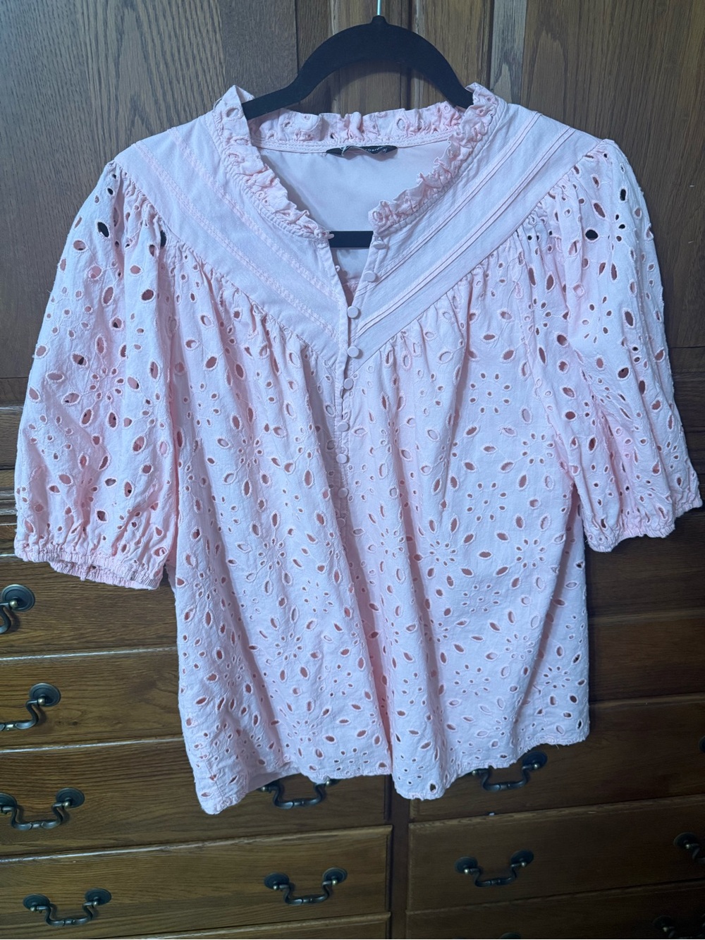 Light Pink Eyelet Ruffle Neck Puff Sleeve Blouse